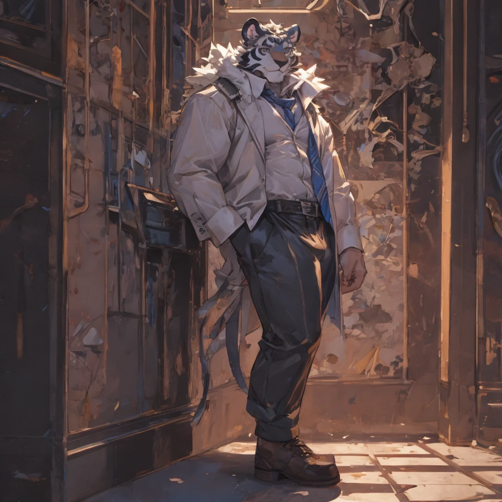 {{bara extremely handsome أبيض tiger student,}} {{أبيض fur,}} أبيض, يرتدي السترة, بنطلون, أبيض dress shirt and necktie, أبيض fluffy furry body and limbs, المتسكعون, طويل جدا, أكتاف واسعة جدًا, الخصر الضيق, الأسلحة العضلية, بيكس ضخمة, عيون أرجوانية, أرجل طويلة جدًا, انتفاخ هائل, نظرة ساخنة متطورة, 3/4 عرض, أفضل جودة, متكئا على الحائط, تفاصيل عالية, صورة سي جي, فن دفقة الشخصية, القرط الفضي على الأذن اليسرى, ابتسامة قائظ