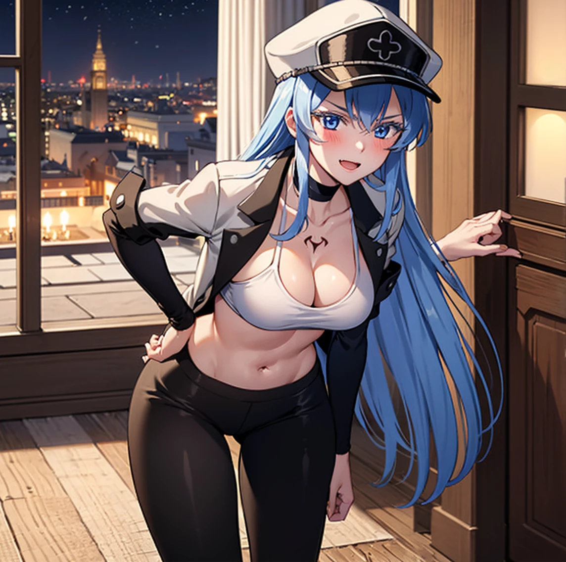 ((1girl)),((alone)), esdeath,(masterpiece), (best quality), (ultra detailed), (best illustration), (best shadow), (absurdities), sharp focus, cowboy photo, looking at viewer, big breasts, narrow waist, wide hips, medium thighs, round butt, dynamic posture, long hair, blue hair, blue eyes, high thighs, solo, very long hair, cleavage, chest tattoo, big breasts, choker , blue short jacket, open jacket, white sports bra, bare shoulders, neckline, clavicle, black yoga pants, thigh slit, thick thighs, bare waist, navel, tight pants, white visor cap, military cap, white fur , smile, seductive smile, closed mouth, serious expression, (sexy pose: 1.2), ((alone)), standing: 1.3, Interior, castle, window, night, medieval landscape, looking forward,((focus on the breasts), point of view (from middle), red blush, perfect anatomy, perfect hands.