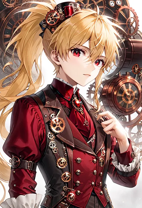 one young boy half-elf, red ruby eyes, beautiful face like girl, long ponytail blonde hair, in steampunk suit.