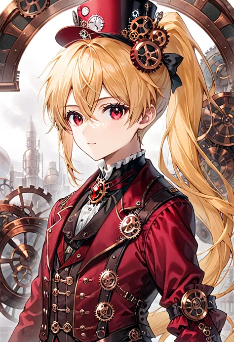 one young boy half-elf, red ruby eyes, beautiful face like girl, long ponytail blonde hair, in steampunk suit.