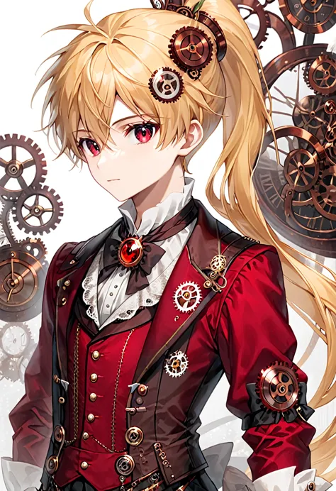 one young boy half-elf, red ruby eyes, beautiful face like girl, long ponytail blonde hair, in steampunk suit.