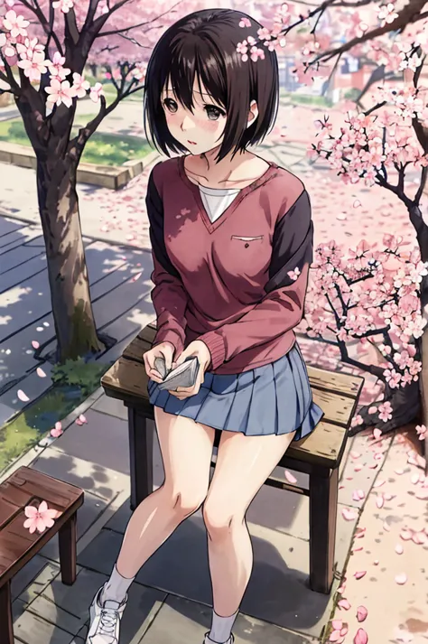 nakahara_misaki、two-tone shirt、a miniskirt、plein air、a park、Cherry blossom petals fluttering、、Blue theme、mournful、Eyes of the Sk...