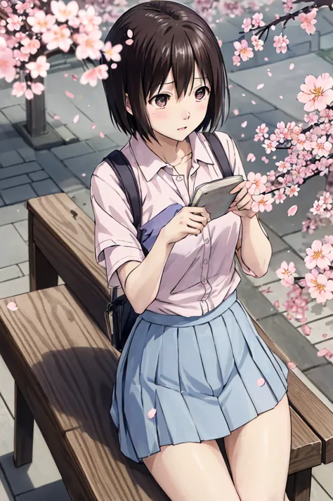 nakahara_misaki、two-tone shirt、a miniskirt、plein air、a park、Cherry blossom petals fluttering、、Blue theme、mournful、Eyes of the Sk...