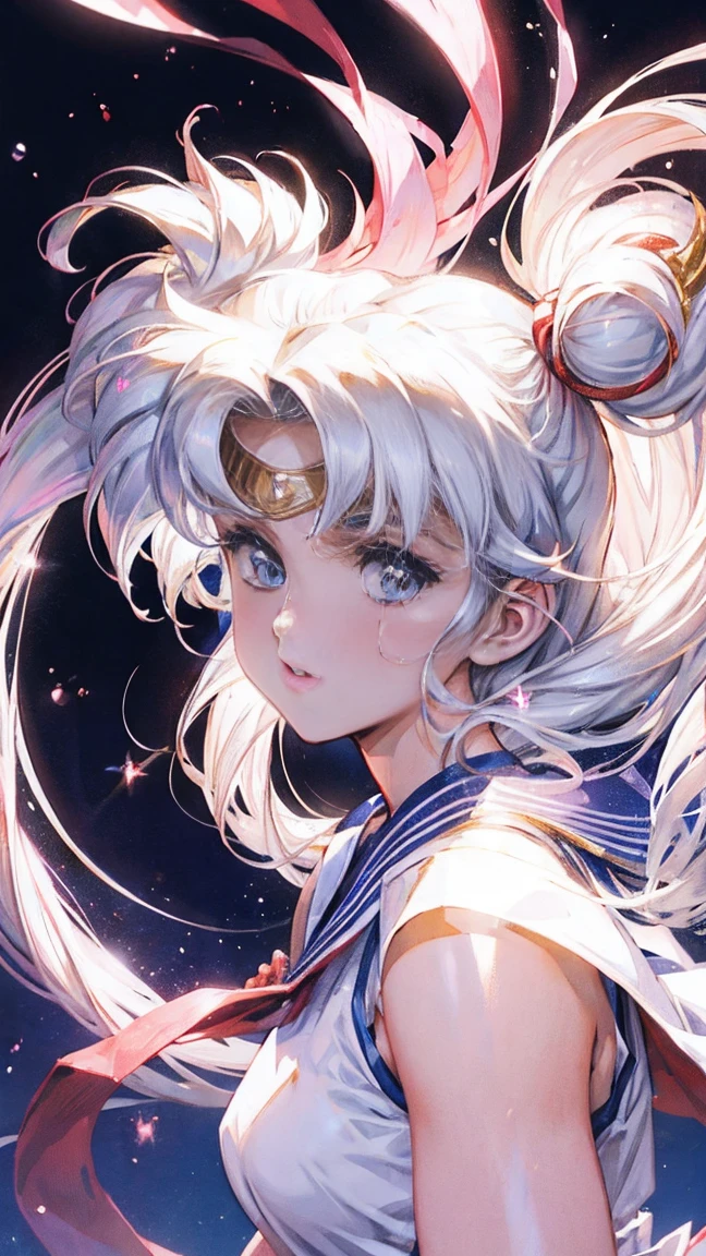 Beautiful warrior girl Sailor Moon, Usagi Tsukino, Shine,shine, Clividge, odango and long hair tails, White hair, ultra-detailed, dynamic pose, 