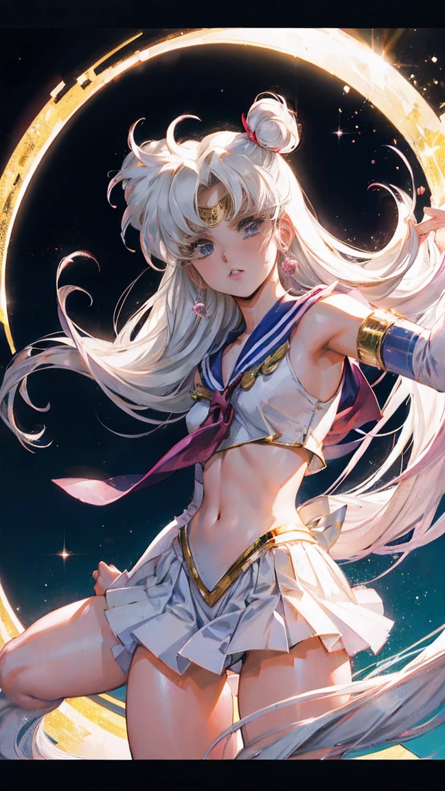 Beautiful warrior girl Sailor Moon, Usagi Tsukino, Shine,shine, Clividge, odango and long hair tails, White hair, ultra-detailed, dynamic pose, 