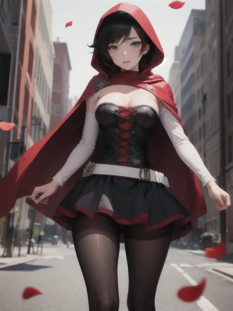NSFW,(masterpiece, best quality), 1girl,    ruby_rose, cape, dress, red cape, crescent rose, boots, pantyhose, hood, petals, cor...
