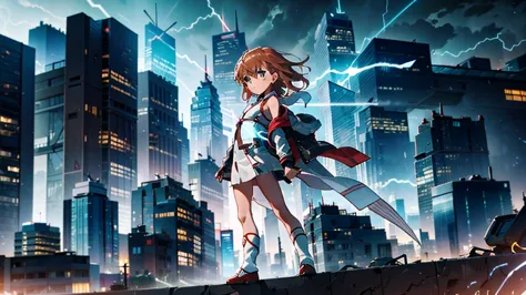 masterpiece, best quality,1girl, solo, ,misaka mikoto, standing,urban, city,skyscrapers,  thunder bolts, flashing, glowing,  dyn...