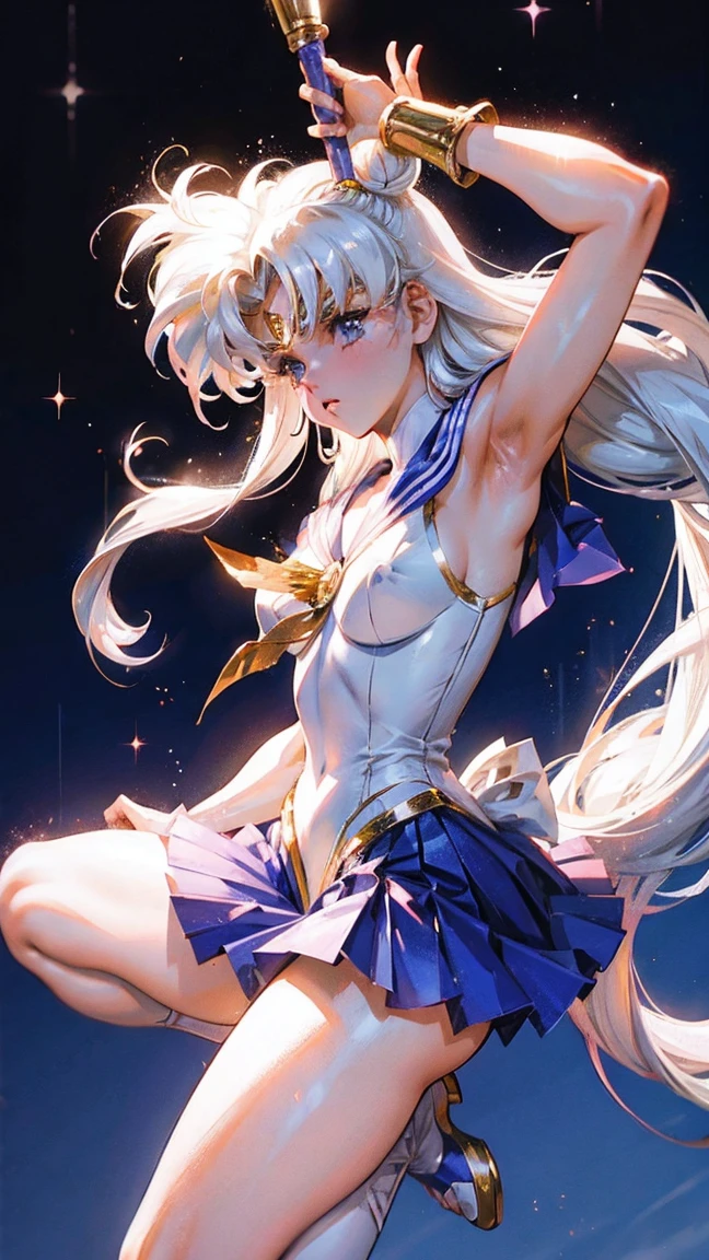 Beautiful warrior girl Sailor Moon, Usagi Tsukino, Shine,shine, Clividge, odango and long hair tails, White hair, ultra-detailed, dynamic pose, 