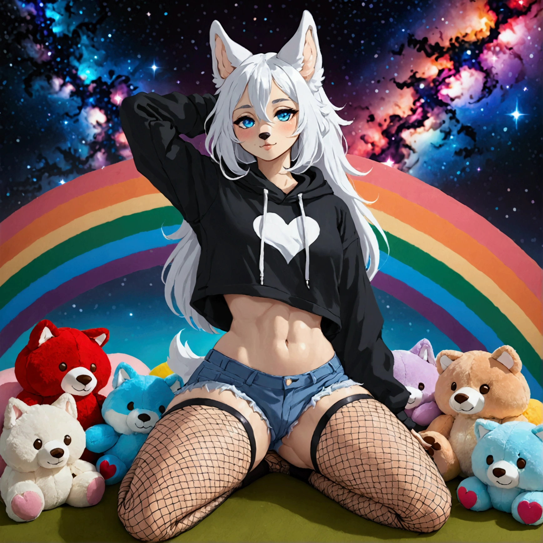 a cute adult male with wolf ears, long white hair, long locks, has a wolf tail, wearing a loose cropped black hoodie, wearing a pair of denim short shorts and fishnet stockings, thick thighs, wide hips, relaxing on mound of fluffy multi colored plushies, short, very slim, showing slender tummy, heart on hoodie, squishy thighs, has glowing blue eyes. alone, solo (ALONE)(SOLO), surrounded by rainbows, colorful galaxy backround, stretching