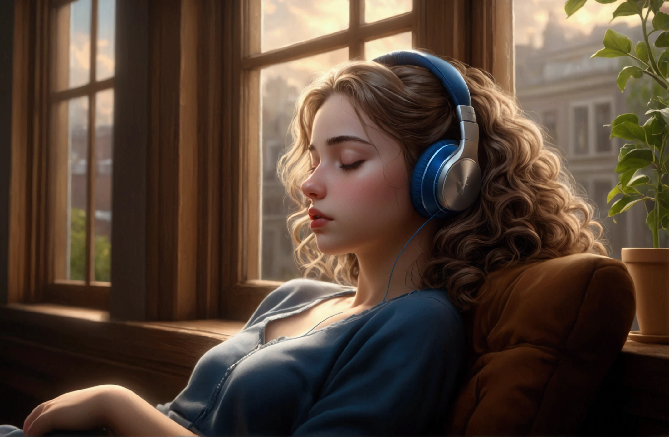 work of art, highest quallity, twelve, 1 girl, eyes locked, sleeping, detailed lips, detailed hair, detailed outfit, earbuds, Room, natta, Raby, window open, cinematic lighting, photorealisitic, 8k, hyper detailled, details Intricate, (best qualityer:1.2), (realisitic:1.37), (work of art:1.2)