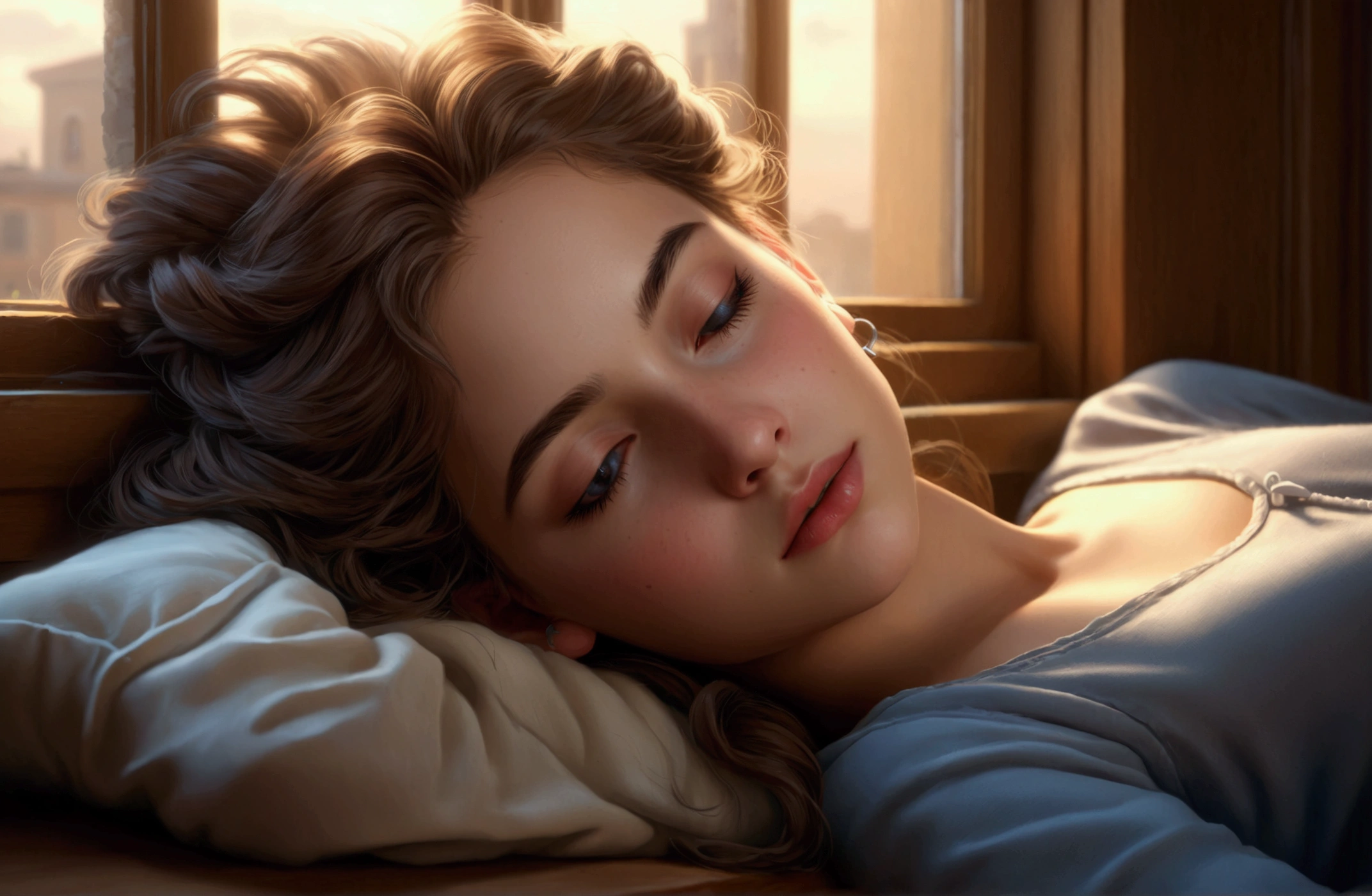 work of art, highest quallity, twelve, 1 girl, eyes locked, sleeping, detailed lips, detailed hair, detailed outfit, earbuds, Room, natta, Raby, window open, cinematic lighting, photorealisitic, 8k, hyper detailled, details Intricate, (best qualityer:1.2), (realisitic:1.37), (work of art:1.2)