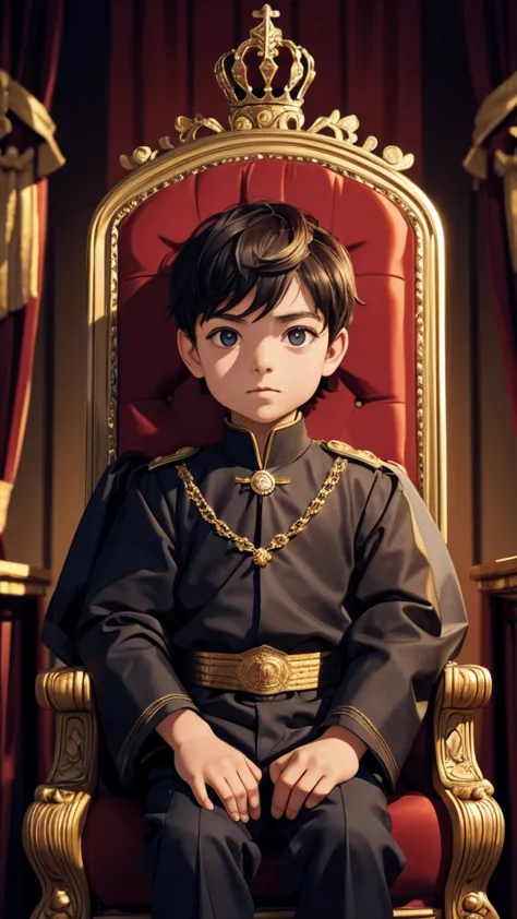 A little boy, sitting on King chair, looks King, head on crown, dark shadows, handsome, super details, rich colours.
