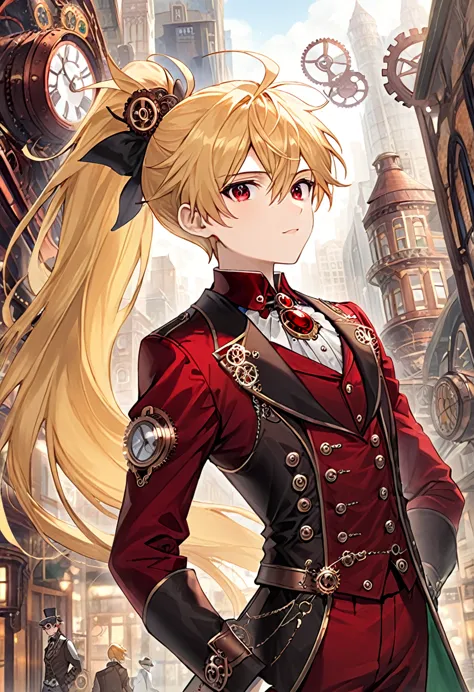 one young boy half-elf, red ruby eyes, beautiful face like girl, long ponytail blonde hair, in steampunk suit. city background.