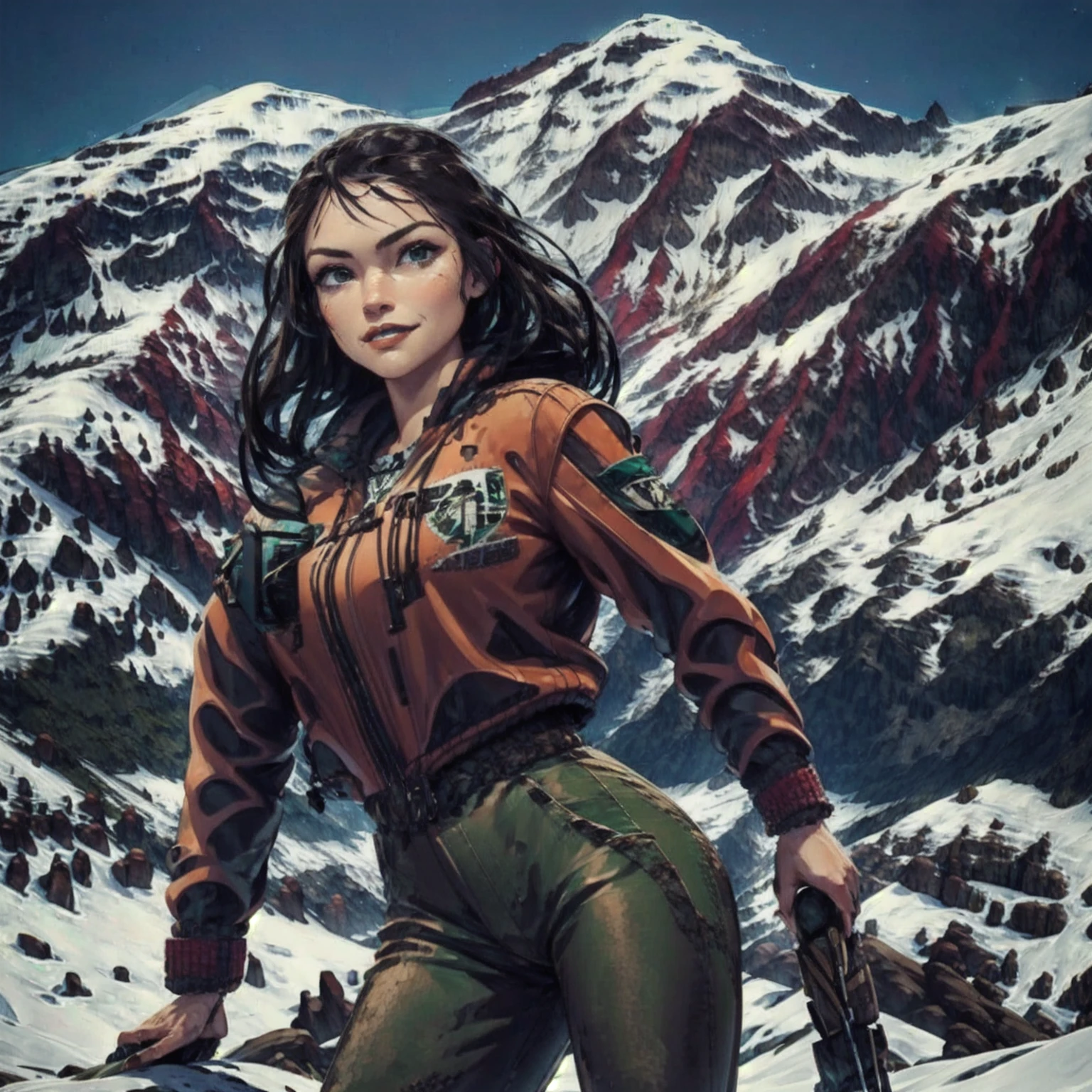 beautiful woman, black hair, green eyes, ((brown pants)), ((red jacket)), mountain hiking outfit, traveling, smiling, posing for camera, snowy mountains background, detailed face, detailed eyes, detailed lips, highly detailed, photorealistic, masterpiece, vibrant colors, cinematic lighting, epic landscape, adventure, portrait