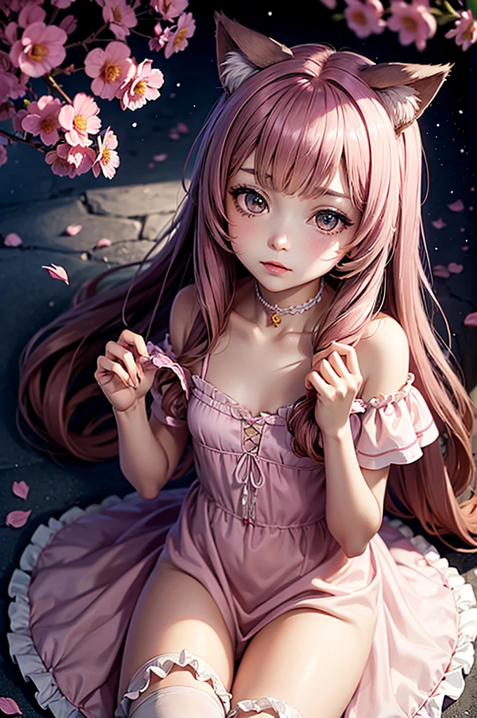 A young girl with cat ears and a tail in a frilly dress sits among scattered pink petals and roses. She is holding a small flower in her hand, looking up at him with a curious expression. Background - bright night sky, filled with stars.