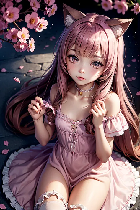 a young girl with cat ears and a tail in a frilly dress sits among scattered pink petals and roses. she is holding a small flowe...