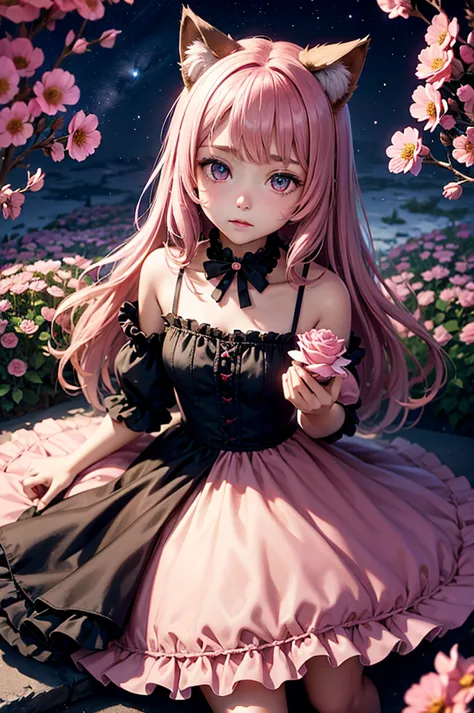 a young girl with cat ears and a tail in a frilly dress sits among scattered pink petals and roses. she is holding a small flowe...