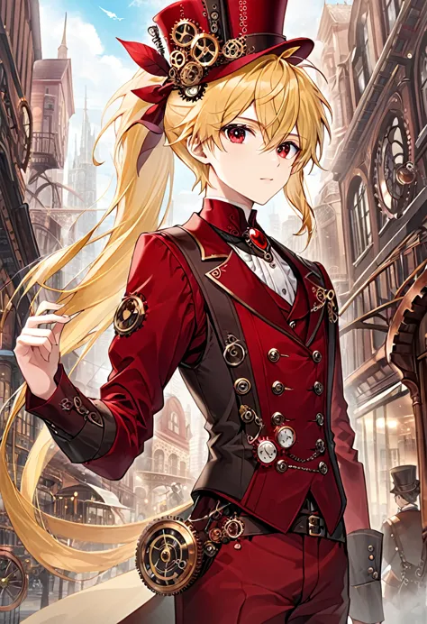 one young boy half-elf, red ruby eyes, beautiful face like girl, long ponytail blonde hair, in steampunk suit. city background. ...