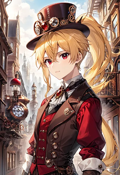 one young boy half-elf, red ruby eyes, beautiful face like girl, long ponytail blonde hair, in steampunk suit. city background. ...