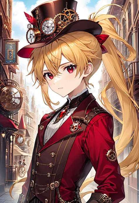 one young boy half-elf, red ruby eyes, beautiful face like girl, long ponytail blonde hair, in steampunk suit. city background. ...