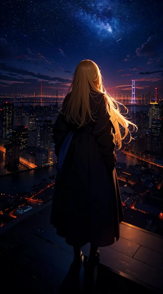 １people々々々々々々,Blonde long-haired woman，Long coat， Dress Silhouette， Rear View，Space Sky, comet, Anime Style, City night view from the rooftop，