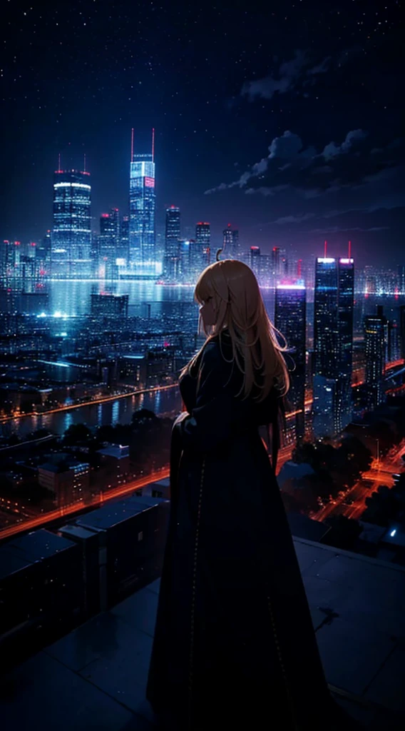 １people々々々々々々,Blonde long-haired woman，Long coat， Dress Silhouette， Rear View，Space Sky, comet, Anime Style, City night view from the rooftop，