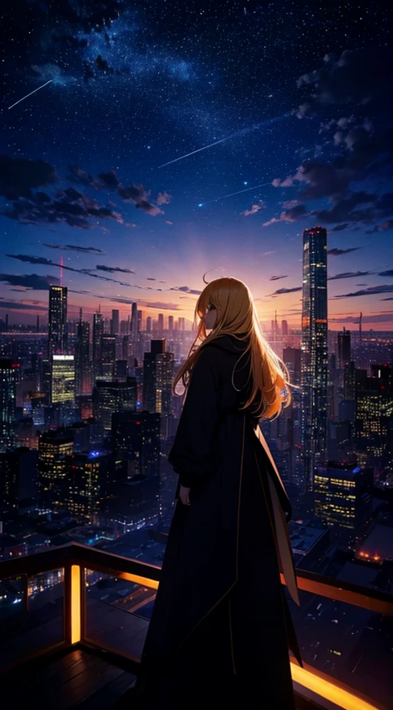 １people々々々々々々,Blonde long-haired woman，Long coat， Dress Silhouette， Rear View，Space Sky, comet, Anime Style, City night view from the rooftop，