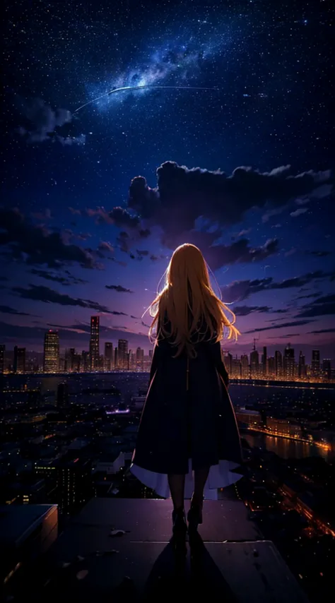 １people々々々々々々,blonde long-haired woman，long coat， dress silhouette， rear view，space sky, comet, anime style, city night view fro...