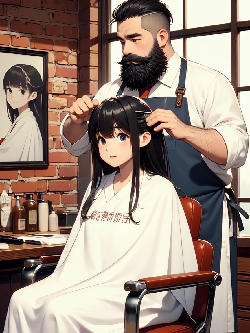 (((masterpiece))), (((Highest quality))), (((Half Body))), (((close))), ((Retro Barber Shop)), ((Two people)), (((A slender girl with long hair wearing white cloth is sitting on a swivel chair))), ((Fat bearded man wearing an apron、Comes with a mini comb for combing your hair。)), window, mirror, Portrait poster, Faded red brick wall,  shape, ((night)), (((Twilight))),