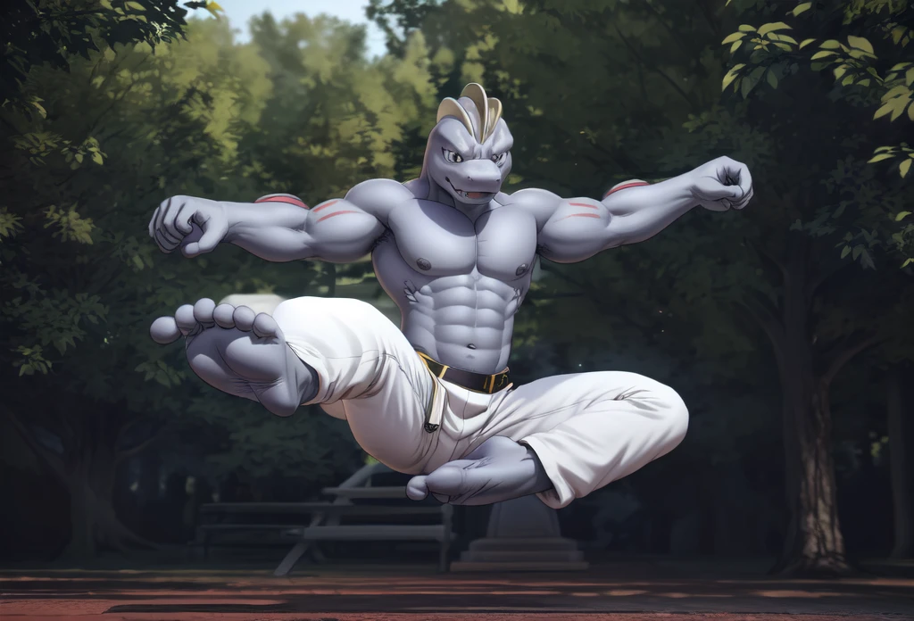 (((Barefoot furry character, full body, cinematic setting, furry male, plantigrade))) 

(((Machoke))) as Capoeira fighter, ((pokemon, long white pants, training Capoeira, in the park)), (((jump))), (((kick))), (((nice feet soles)))

blue body, bara:0.5

BREAK, intricate details, highly detailed, extreme detail, octane render, fine art, best quality, highres, (detailed face:1.5), ((full_body)), UHD, (((perfect hands))), (((perfect feet))), low light