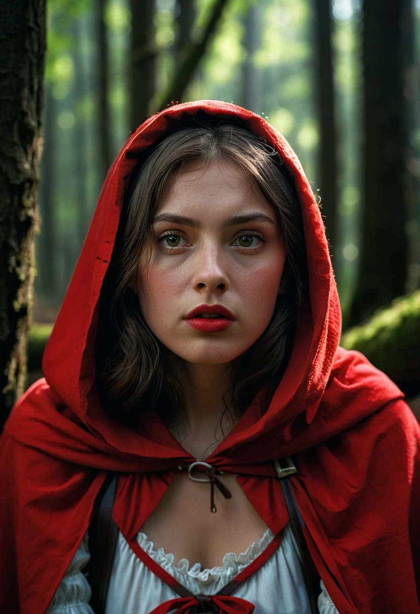 (masterpiece:1.3), highes quality, High quality photo, Little Red Riding Hood weary in the woods, dark,  low-key, RAW photo, subsurface scattering, heavy shadow, (high quality:1.4), (intricate, high detail:1.2), professional photography, realistic, ultra realistic, photorealistic, high resolution, film photography, ambient lighting, atmospheric effects, highly detailed and hyper realistic photo of analog film photo of detailed sharp image