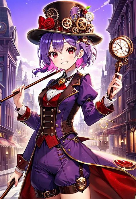 one young, red ruby eye, beautiful face like girl, short light-purple hair, in steampunk suit. city background. hat. cane. noble...