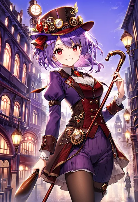 one young, red ruby eye, beautiful face like girl, short light-purple hair, in steampunk suit. city background. hat. cane. noble...