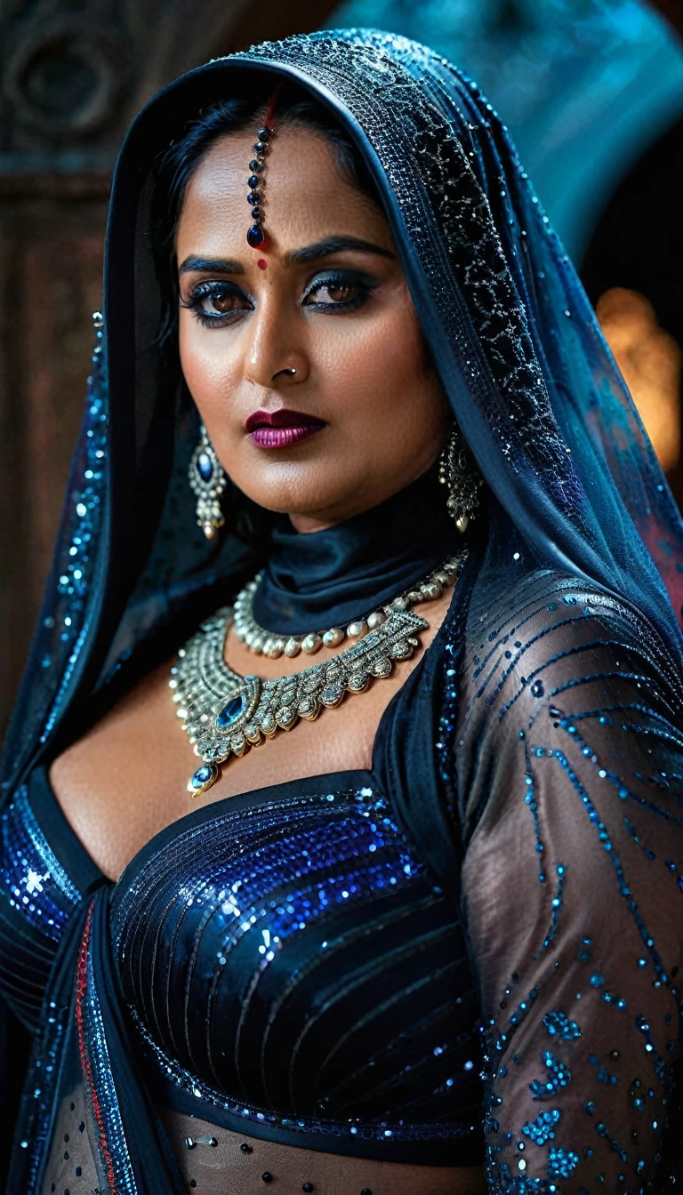 On dirait Anushka Shetty, Full body Closeup shot, Grande tante potelée, milF, cougar dame sorcière, horny Gothic milF,  Magnifique dame mature de 70 ans, démone perverse, demoness oF lust, courbée, lèvres noires, horny Face, extrêmement magnifique, thick Figure, heavy physique, voluptueux, courbée, sexy Figure, Fashionable portrait oF androgynous alien looking witch wearing veil, yeux brillants, Futuristic design, détails minimes, Givenchy, photoréaliste, 200mm, HD, F/ 2.0, très détaillé, surréaliste, sexy beautiFul evil woman, Saree sexy à paillettes audacieuses avec soutien-gorge sans bretelles, sexe, Vampire, genre d&#39;horreur, enchanteresse assoiffée de sang, powerFul Female spirit, sinistre, raide mort, in the style oF red and blue, (détails complexes, hyperdétaillé:1.15) (Texture de la peau:1.2), ton sombre de mauvaise humeur, Éclairage cinématographique, lieu hanté en arrière-plan, 