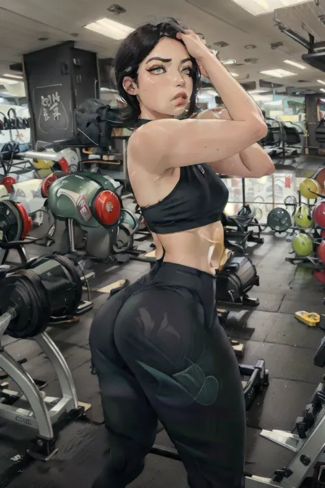 beautiful woman, green eyes, black hair, exercising in a gym, sexy clothes, muscular, defined body, sweating, tired expression, ...