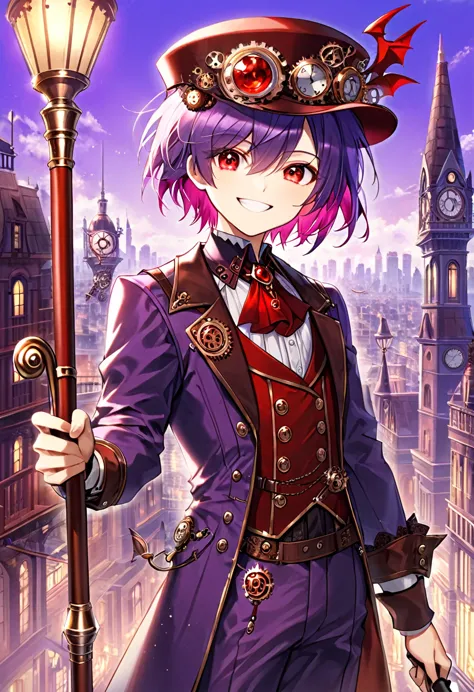 one young boy, red ruby eye, beautiful face like girl, short bob light-purple haircut, in steampunk suit. city background. hat. ...