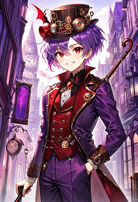 one young boy, red ruby eye, beautiful face like girl, short bob light-purple haircut, in steampunk suit. city background. hat. ...