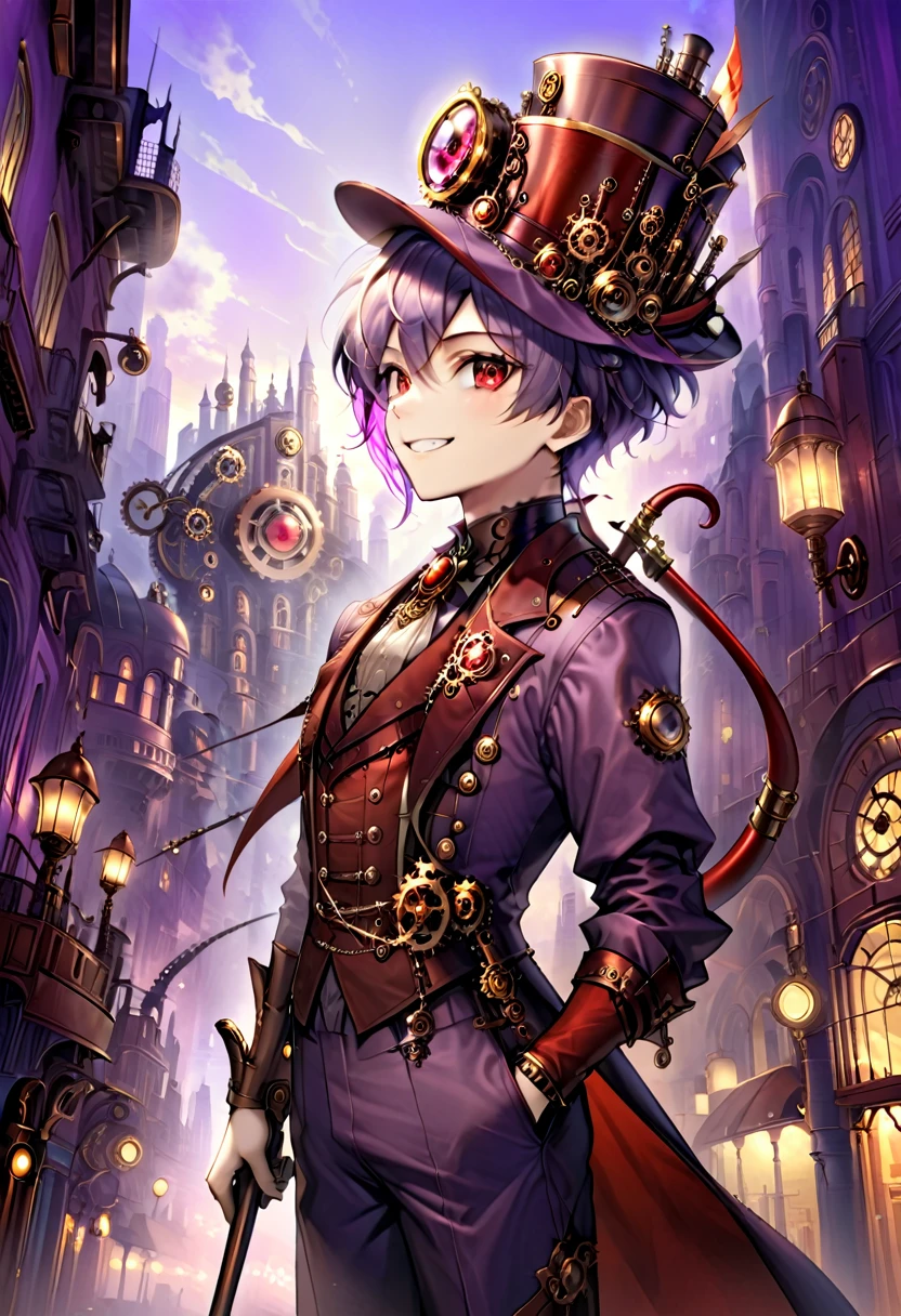 One young boy, red ruby eye, beautiful face like girl, short bob light-purple haircut, in steampunk suit. City background. Hat. Cane. Noble. Devil Smile.