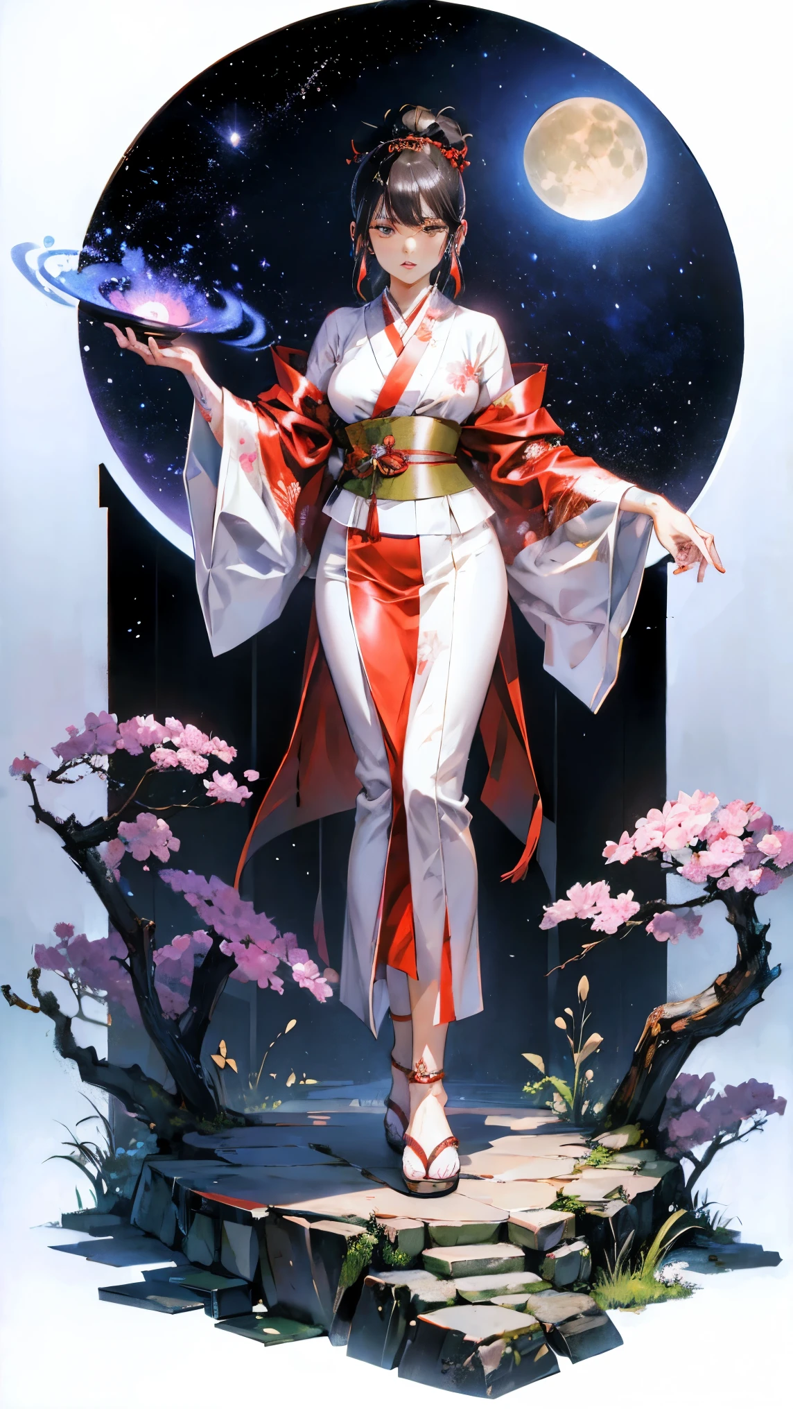 Yakuza Girl, in a silk kimono, dynamic pose, It's night all around, Japanese Garden, moon, super detail, tattoos all over the body, shine, 