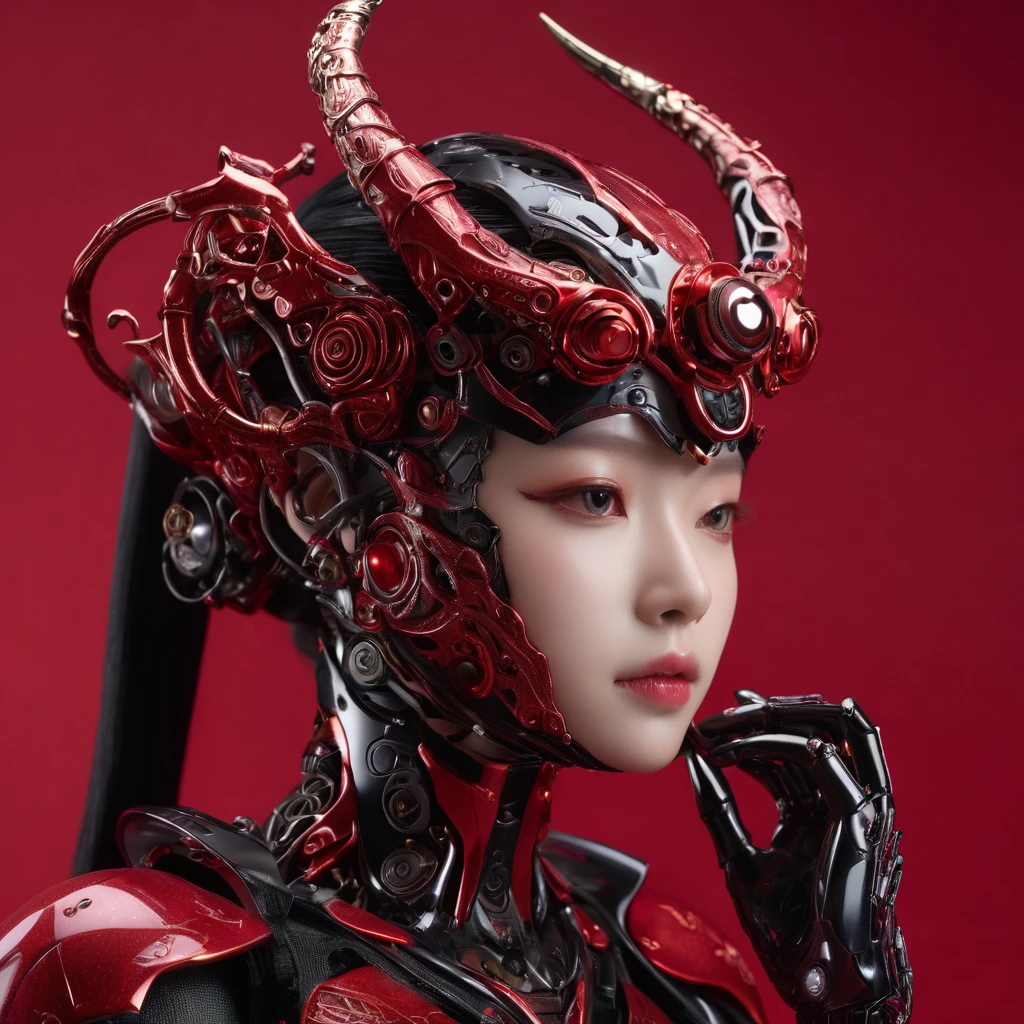 (Model pose, K-POPアイドル), cyborg少女、A horned devil with bright red wings falls from the sky, (RAW Photos), beautiful効果, Vibrant colors, The body is made of dragon scales, Ryujin's、Ray Tracing, Tabletop, Highest quality, super high quality, 不条理なdetailed, (The best light), (Best Shadow), sharp, Clear images, detailed, 非常にdetailed, High resolution, 8k, 4K, Hmph, Volumetric, detailed black armor, (Particle Effects), Creative images with machine edited backgrounds、Our bodies are made of machines、Our bodies are made of machines、beautiful, very detailed porcelain woman in profile、cyborg、Robot parts、150mm、beautifulスタジオの柔らかな光、Rim Light、鮮明なdetailed、Gorgeous Cyberpunk、Ren Hao、Surreal、Anatomical、NSFW Girl、cable, wire, Microchip、elegant、beautiful背景、Big Red Full Moon、AI-generated paintings by Sea Art、It depicts a fascinating image of yin and yang...., (Highest quality, Exquisite design, The The best lighting, Better shading).High heels、Angle from below the knee、anklet、Red background on red moon background、Red eyes、The flame that Burns everything、disaster々Burn、disaster々Emitting an aura、