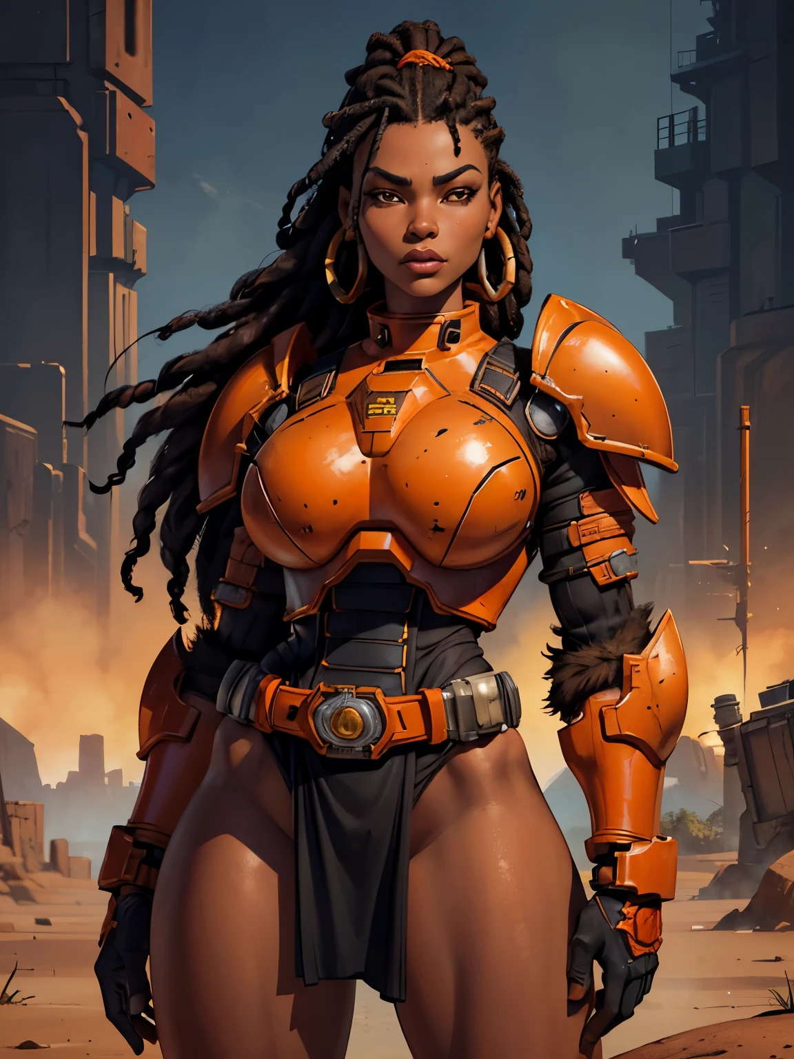 Portrait of African woman with short black dreadlocks pulled back, wearing a (heavy orange power armor, mechanical armor) with large (round orange shoulder pads). a tech undersuit visible between the armor pieces,  highly textured. (Fur loincloth, fur belt,  fur hips). Bare thighs,  bare legs. Badlands background with dead trees