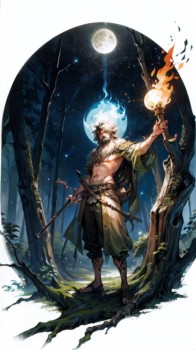 Forest Druid guy, driftwood staff, dynamic pose, It's night all around, Dense forest, fireflies, moon, super detail, tattoos all over the body, shine, 