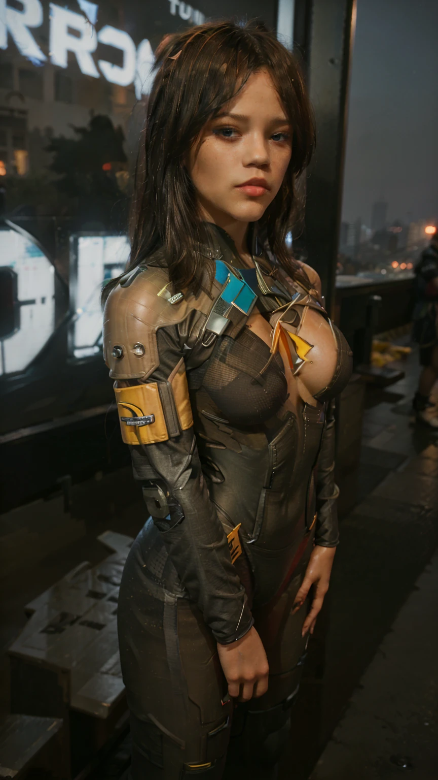 Masterpiece, Best quality, (photorealistic1.4), (UHD), (big breast), , (epiCRealLife:1.0), (flashphoto), (flash photography), (night time), (Jenna Ortega wearing cyberpunk bodysuit), (jennao)