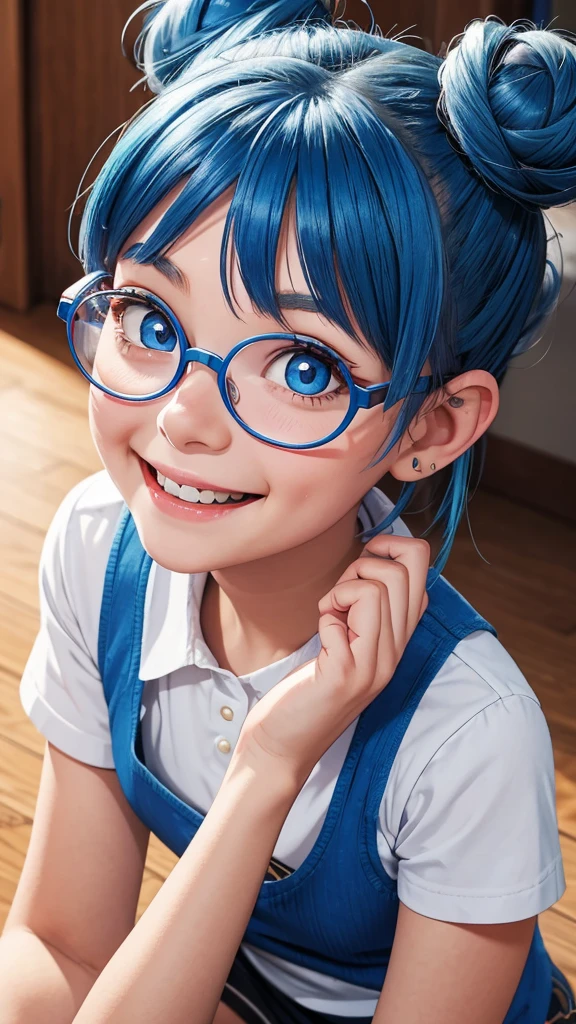 the female child with blue hair and glasses has big eyes, and her smile and blue eyes, 1girl, solo, glasses, double bun, hair bun, blue hair, smile, bangs,Cheerful girl