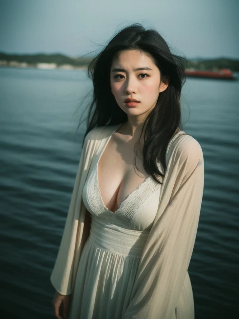 full body shot, Best quality, a 20y chubby mongolian women, wearing bohemian night dress, tight breast, redhead hair blowing in the wind, moody atmosphere, sunlight exposure, beautiful shadow, intricate posing in traditional harbor, kodacrhome, cinematic, natural, human interest photography, realistic face and eyes, realistic skin, ultra highly detailed, sharp focus, beautiful bokeh, surreal view, masterpiece photo, shot by zenit camera with 35mm lens, Portrait by annie leibovitz