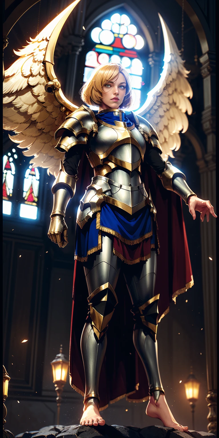 kleiner Winkel, von unten, Paladin Templer Dame im weißen Wappenrock, legwear, leuchtend gelbe Augen, Kragen, golden chainmail, Breite Hüften, barfuß, angel wings, Schulterstücke, Heiligenschein, Bob-Frisur, blonde, Augenfokus, roter Umhang, Tempel im Innenbereich, Dekorationen, Buntglasfenster, Nacht, Partikel, chromatische Abweichung, ausführlich, filmisch, dunkle Szene, Fantasie