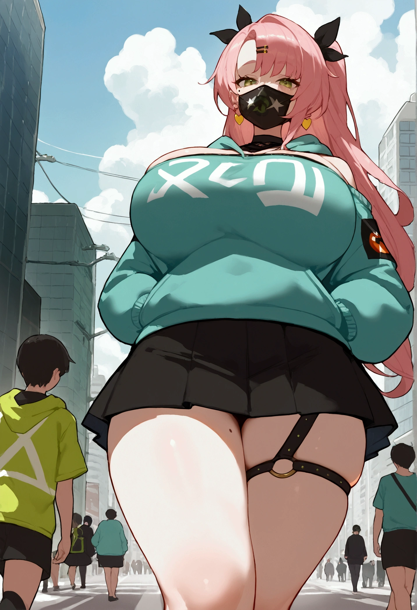 score_9, score_8_up, score_7_up, source_anime, looking at viewer, looking down, cowboy shot, Ncle, green eyes, mole under eye, earrings, jewelry, green hoodie, hood up, hands in pockets, black skirt, sunglasses, mouth mask, hoodie, pullover, fishnet pantyhose, large breasts, thick thighs, skindentation, smile, walking, city, japan, buildings, cloudy sky, day, Big breasts