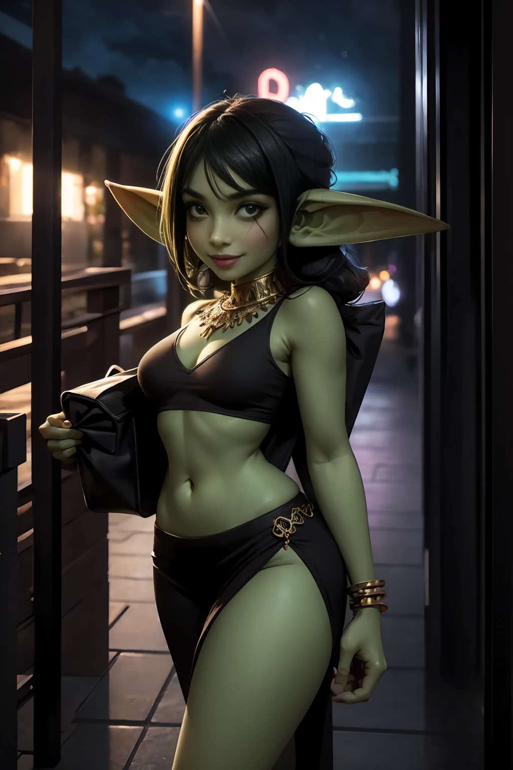 absurdrez, 1 girl, solo ((best quality)), ((masterpiece)), (detailed), 4k, green skin, tiny pointy ears, small ears, very very small goblin girl wearing revealing arabian clothing, 3 feet tall, graceful, exotic, black hair, walking towards a backdoor entrance to a club, backdoor to nightclub, wearing fashionable Arabian top and very short skirt, jewelry, looking back at viewer, outdoors, evening, carrying a duffel bag on shoulder, carrying gym bag on shoulder, dynamic pose, outside of busy nightclub, outside of busy strip club, sexy smile, cinematic still, arabian jewelry, cowboy shot