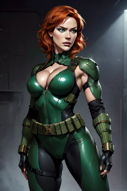 Imagine Christina Hendricks as a Metal Gear Solid character, powerful female character, short wavy orange hair and bright blue eyes, 48 years old, striking and mature facial features, agile and athletic build, (Wearing: Fingerless Gloves, tight green leather suit, armored pieces on the side, cleavage cut-out, utility belt, metallic armlets, armored boots, gun holsters), The suit is so tight that Christina Hendricks breasts barely fit in it, The suit emphasizes her stealth and combat prowess. Alluring and formidable presence of the character ,hyper-realistic rendering to capture every minute detail, showcasing the mastery of digital portrait artistry, ultimate photorealistic quality, highly detailed facial expression showcasing the determination and strategy of the character, subtle hints of high-tech and militaristic elements reflecting the true essence of the Metal Gear Solid universe, vibrant colors with deep gray’s and contrasting cool tones ,creating a visually striking and captivating portrait.
