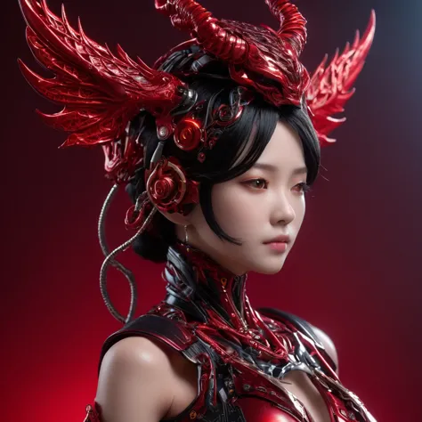 (model pose, k-popアイドル), cyborg少女、a horned devil with bright red wings falls from the sky, (raw photos), beautiful効果, vibrant co...